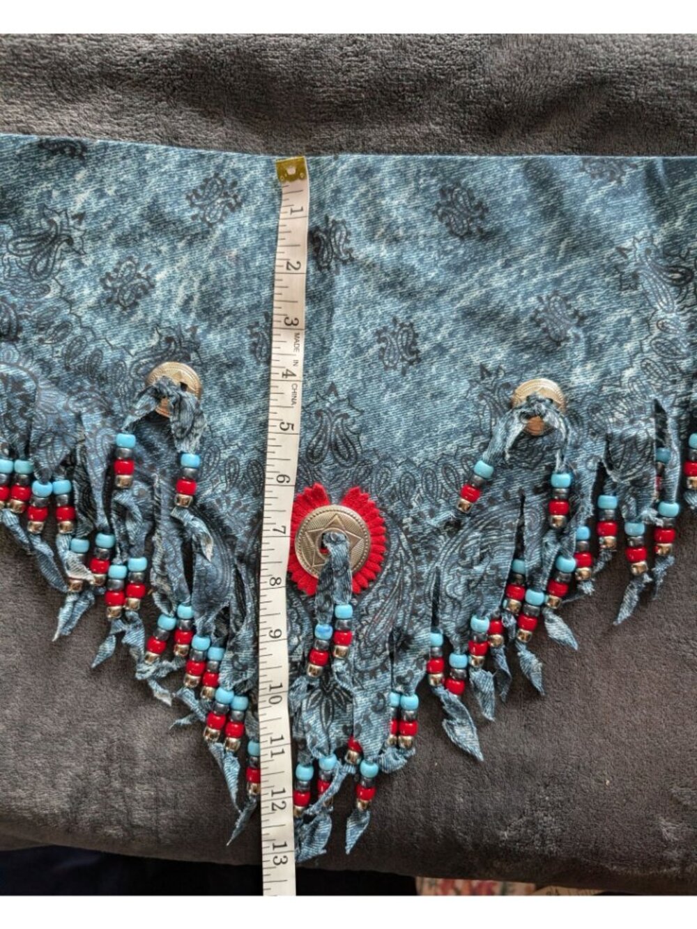 Western-Style Denim Print Bandana With Red & Blue Beaded Fringe & Concho Accents - Picture 5 of 5